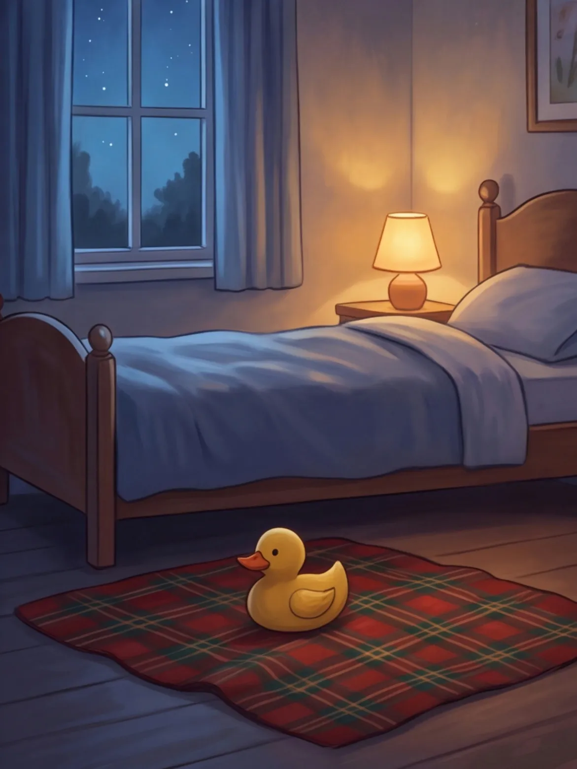 Eine karierte Hundedecke mit einer gelben Quietsche-Ente neben einem Kinderbett bei Nacht