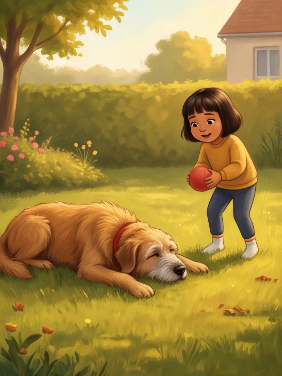 Der alte Hund Otto liegt in der Sonne, Jana steht mit einem roten Ball vor ihm