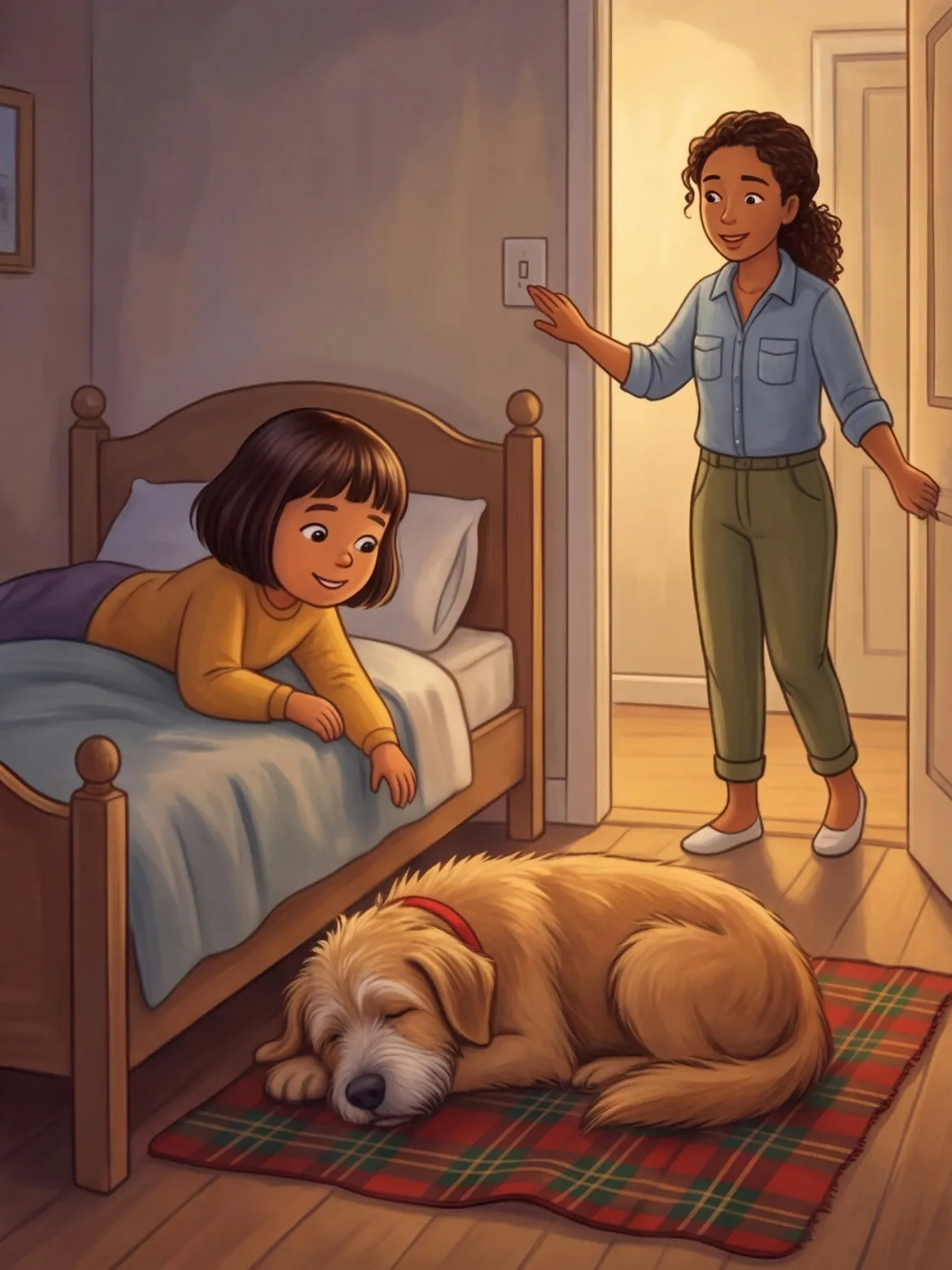 Otto liegt auf seiner Decke neben Janas Bett, Mama macht das Licht aus