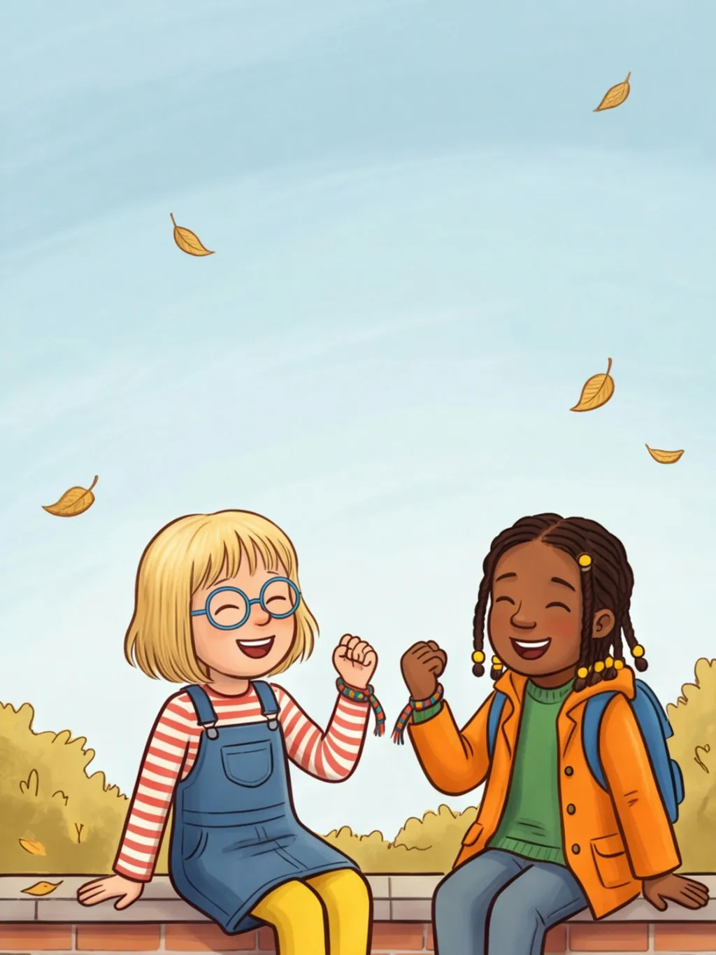 Nele und Jule sitzen lachend auf einer Mauer und zeigen ihre gleichen bunten Armbänder
