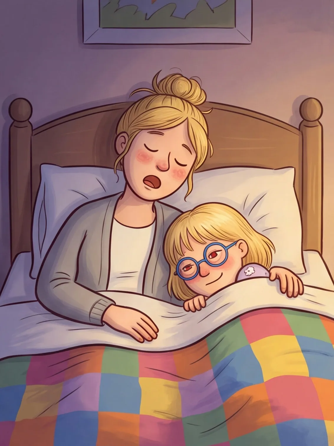 Mama ist sitzend eingeschlafen, Nele schaut fast lächelnd zu ihr hoch