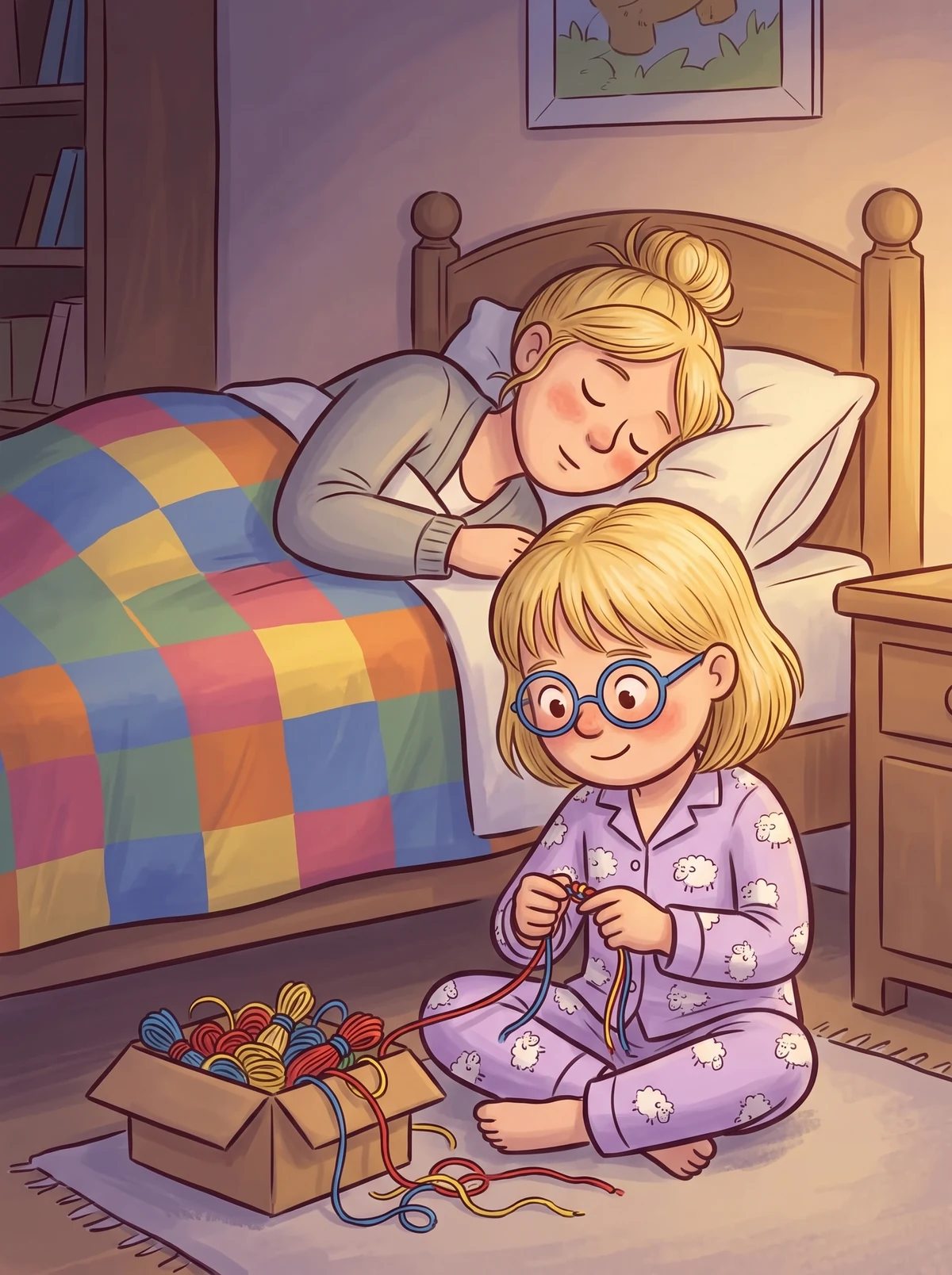Nele knüpft nachts im Lampenlicht ein neues Armband, Mama schläft im Bett