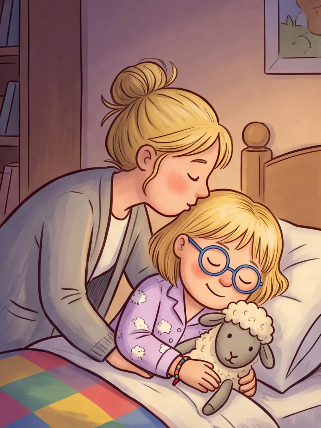 Mama gibt Nele einen Gute-Nacht-Kuss, Nele hält ihr Kuschelschaf