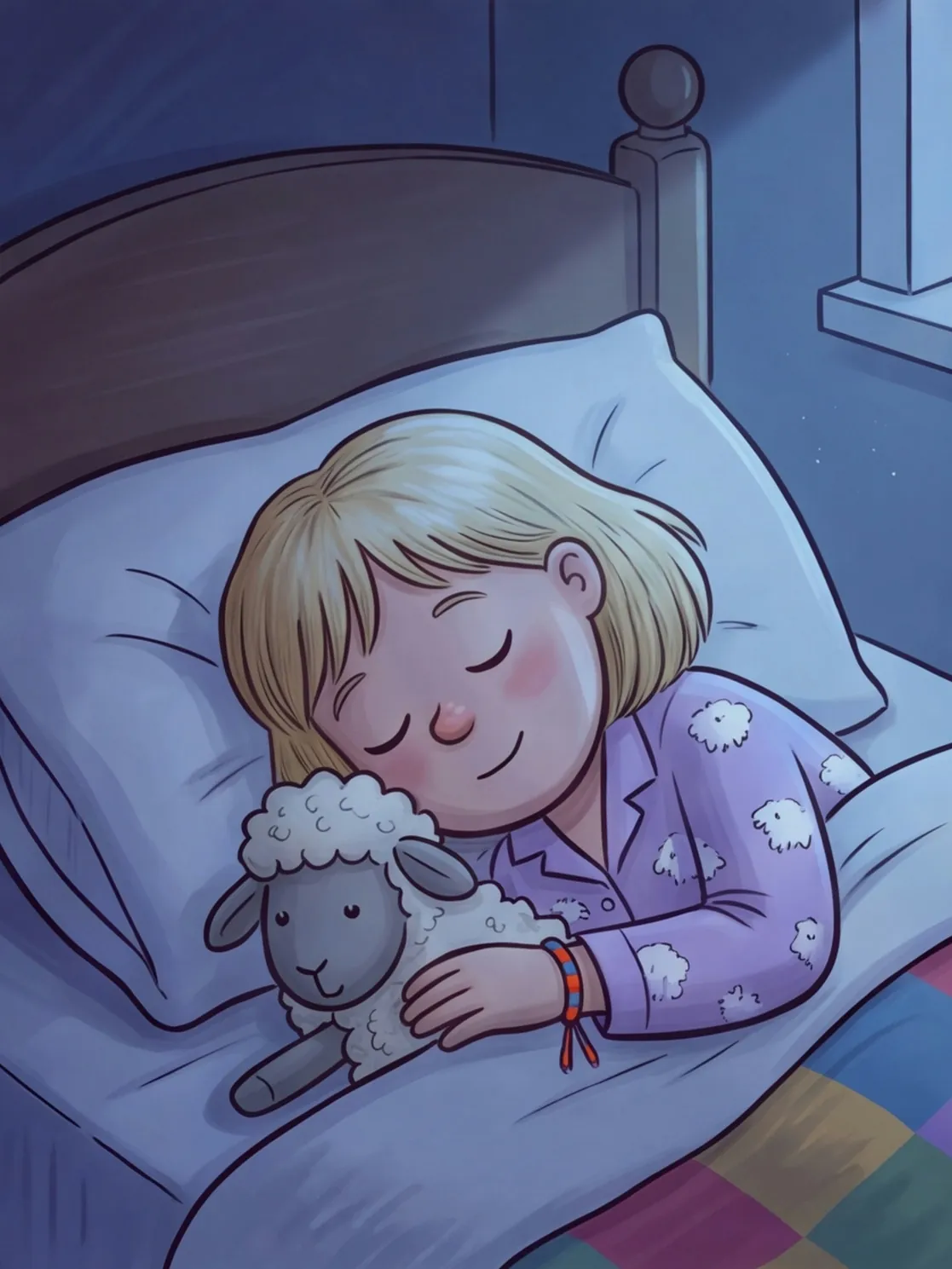 Nele schläft mit dem Kuschelschaf an der Wange, das Armband am Handgelenk