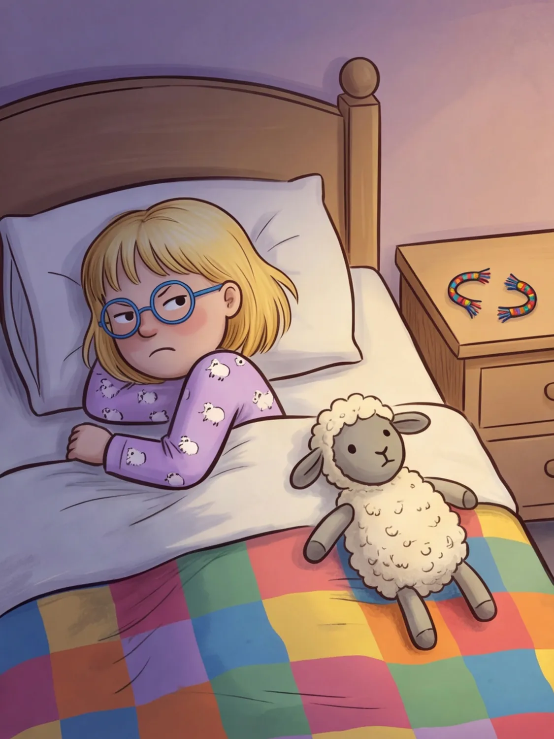 Nele liegt schmollend im Bett, neben ihr das Kuschelschaf, auf dem Nachttisch das zerrissene Armband