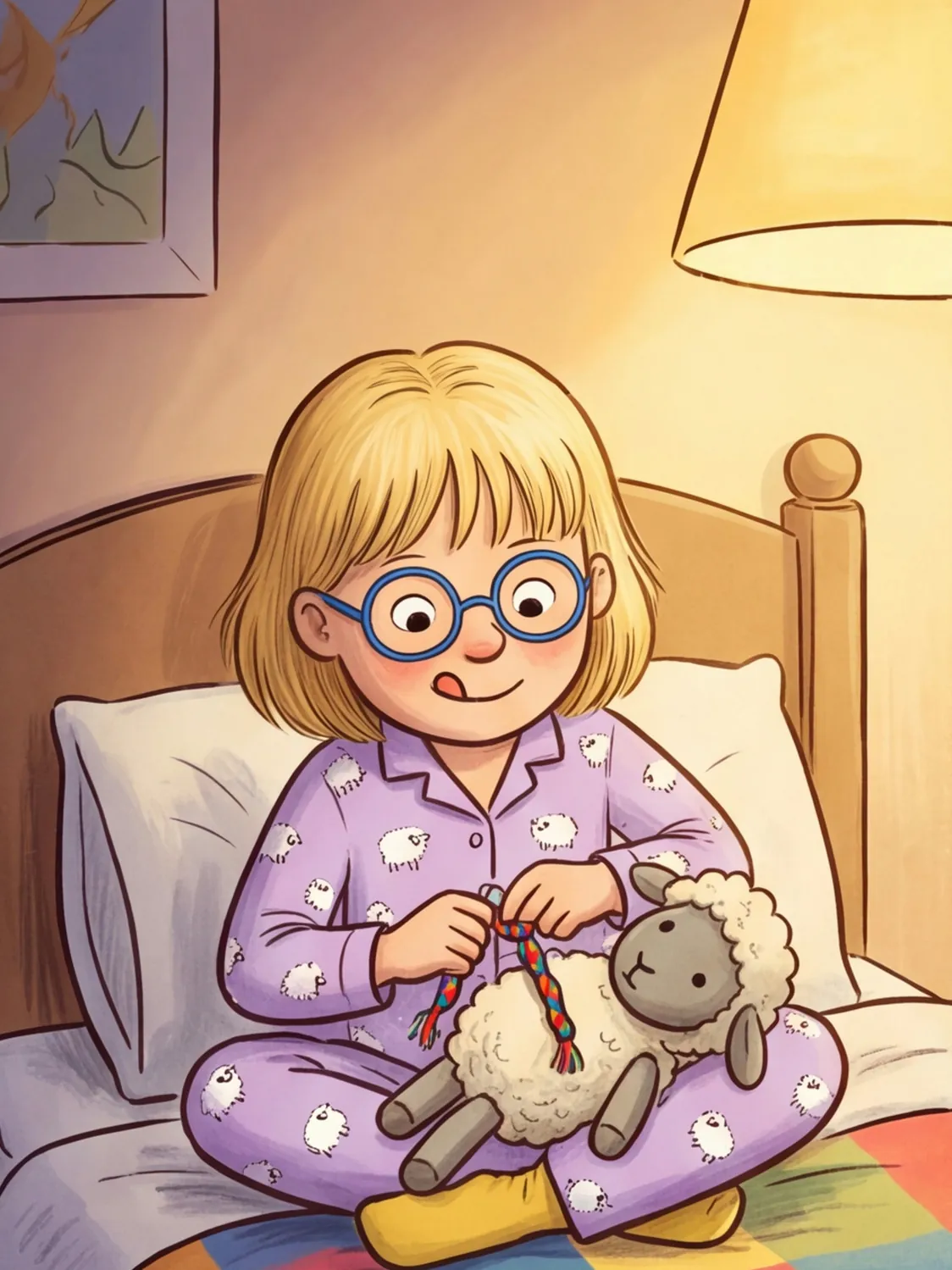 Nele versucht, ein viel zu kurzes geknotetes Armband über das Bein ihres Kuschelschafs zu ziehen