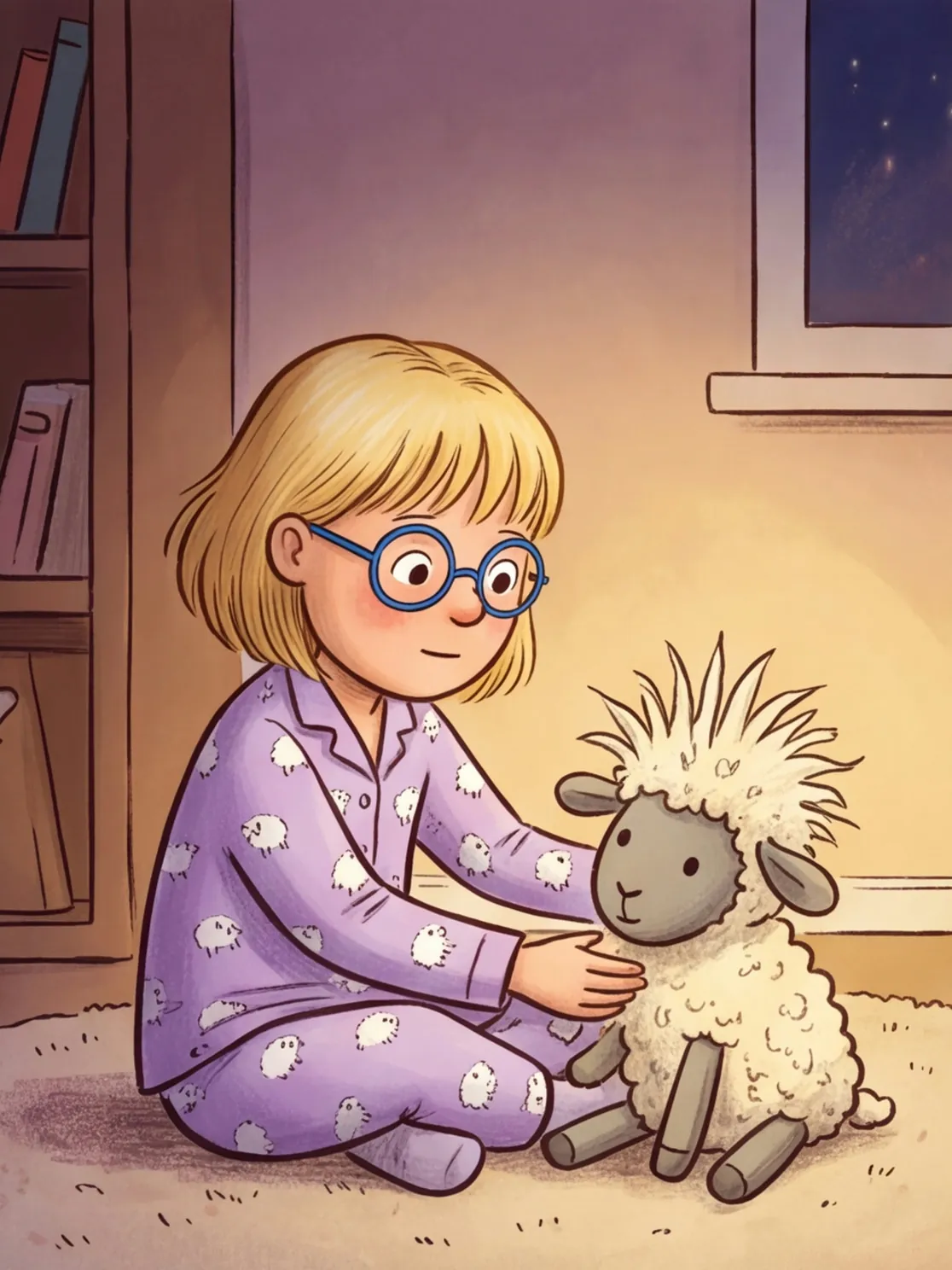 Nele streichelt ihr Kuschelschaf, dessen Fell wild absteht