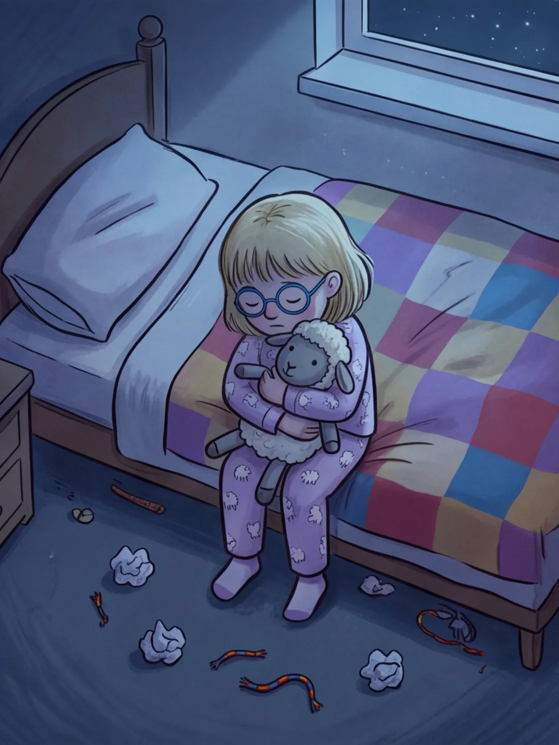 Nele sitzt mit ihrem Schaf im Bett, um das Bett liegen Papierkugeln und Armbandstücke