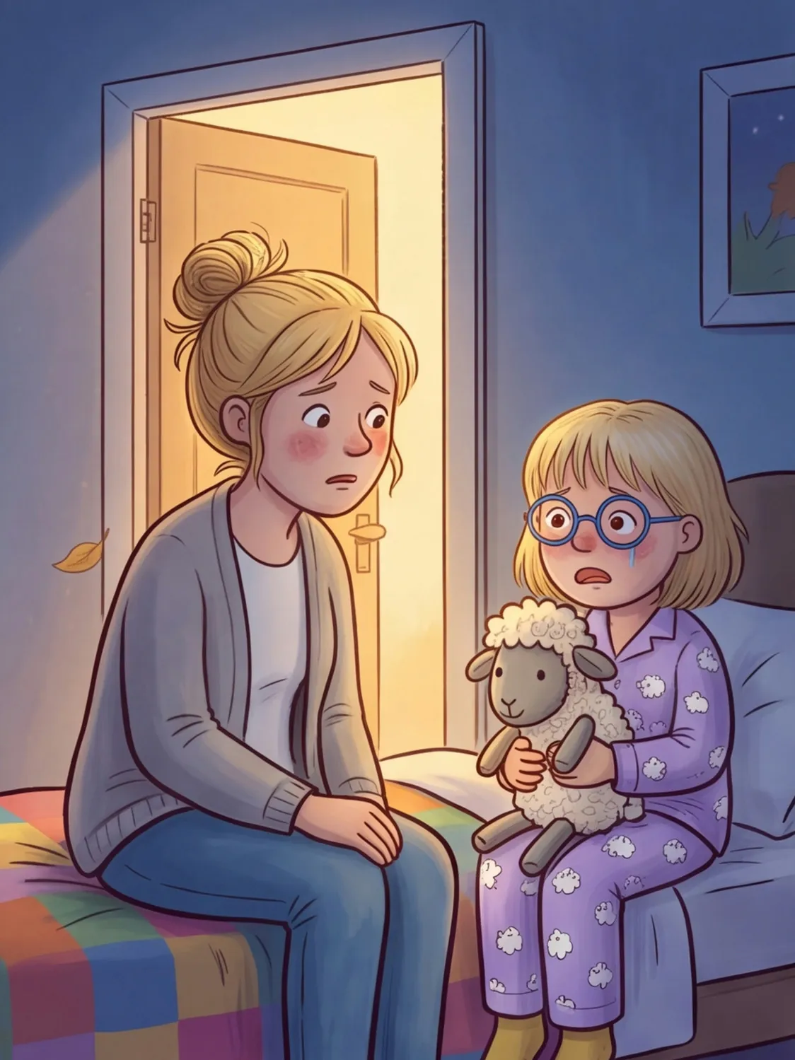 Mama sitzt auf der Bettkante und hört zu, Nele weint