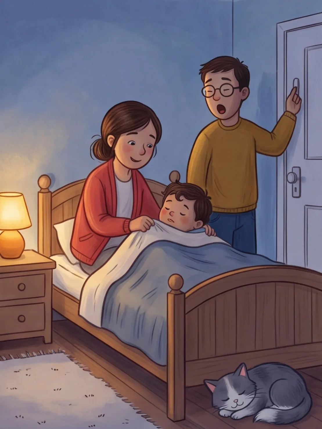 Mama deckt Luis zu, Papa macht das Licht aus, Pfeffer rollt sich ein