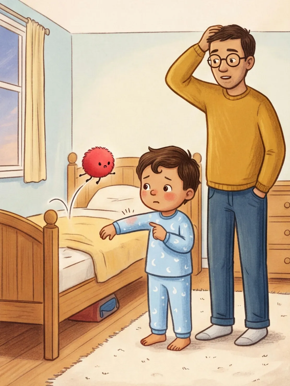 Das Aua hüpft auf Luis’ Ellbogen, Papa kratzt sich am Kopf