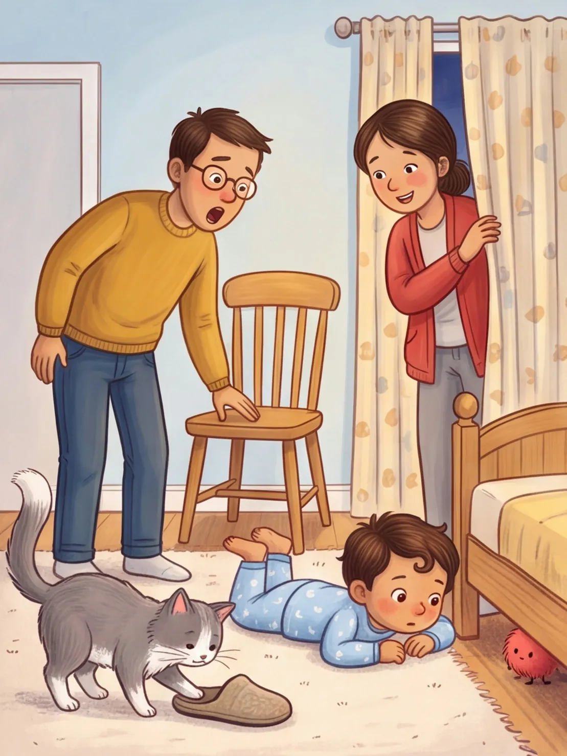 Papa, Mama, Pfeffer und Luis suchen das Aua im ganzen Zimmer