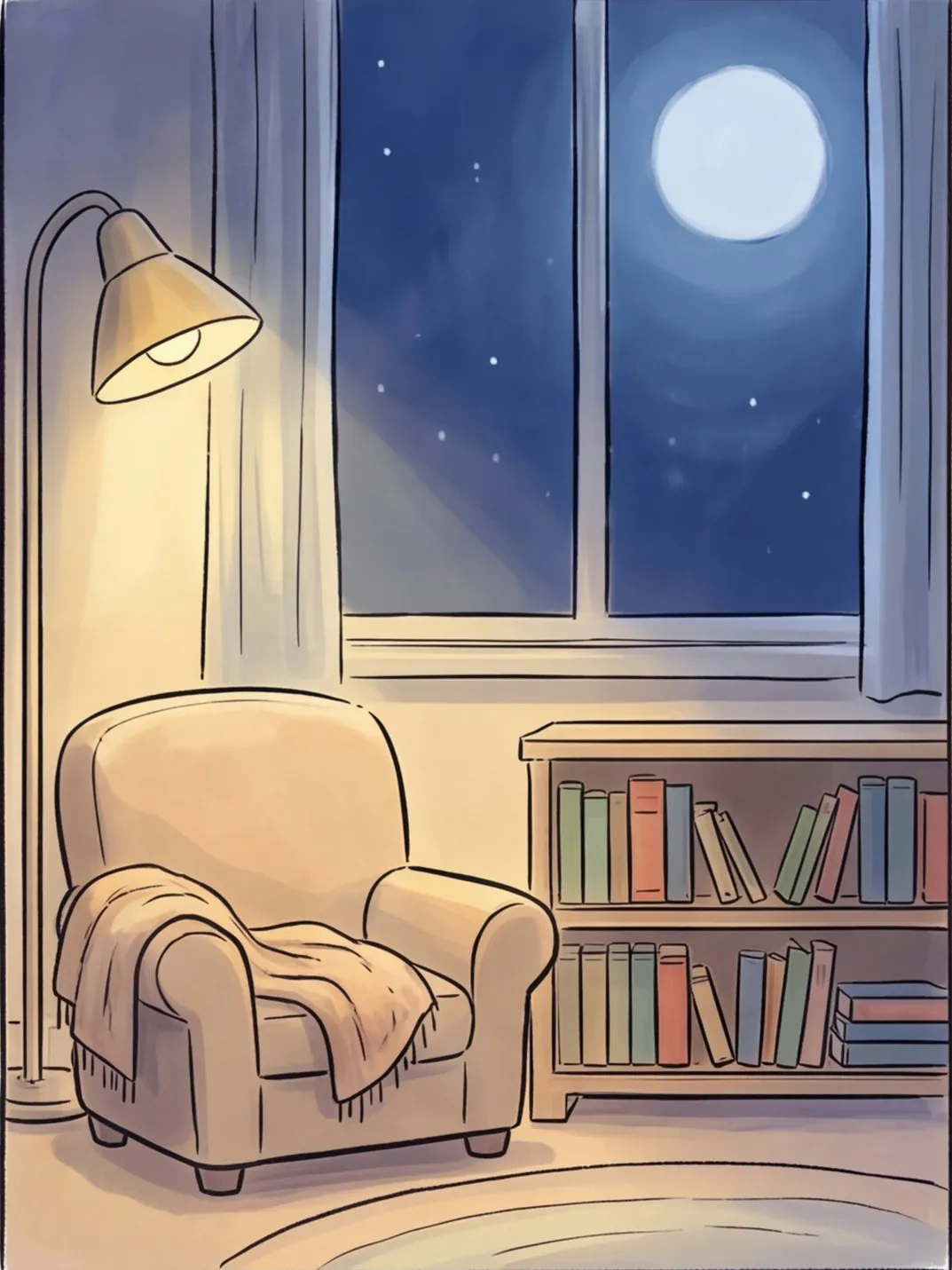 Ein leerer Kindersessel mit Decke neben einem Bücherregal, im Fenster ein runder Mond
