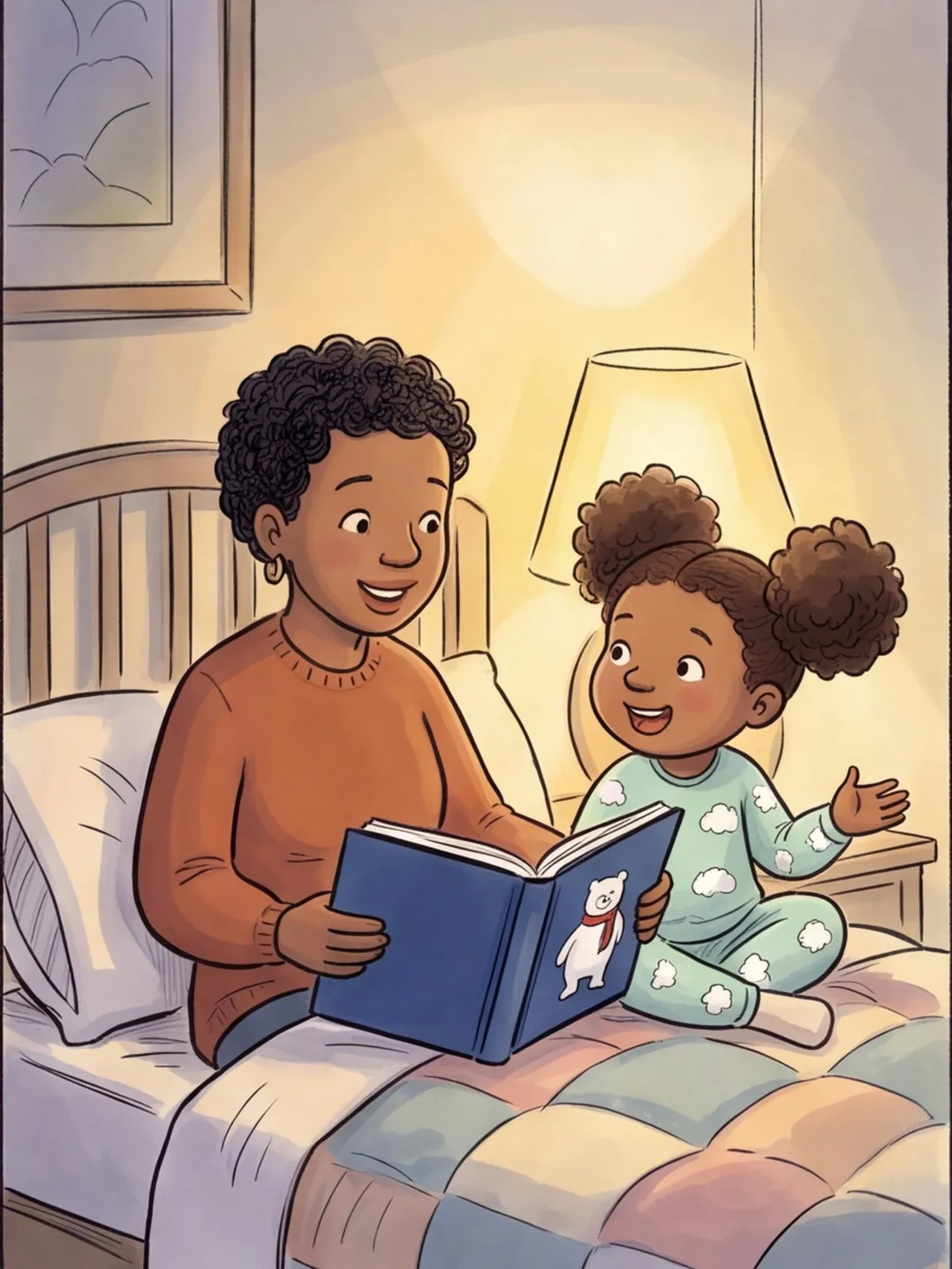 Mama liest im Bett aus dem Buch vor, Marie kuschelt sich an sie