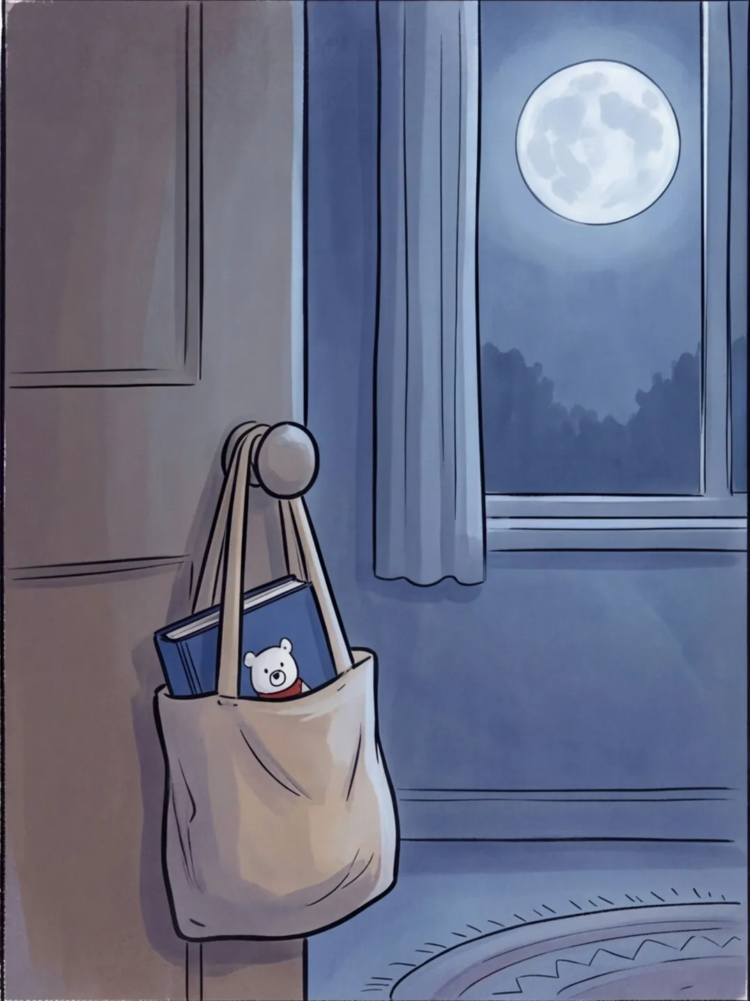 An der Türklinke hängt eine Tasche mit dem Buch, durchs Fenster scheint der Vollmond