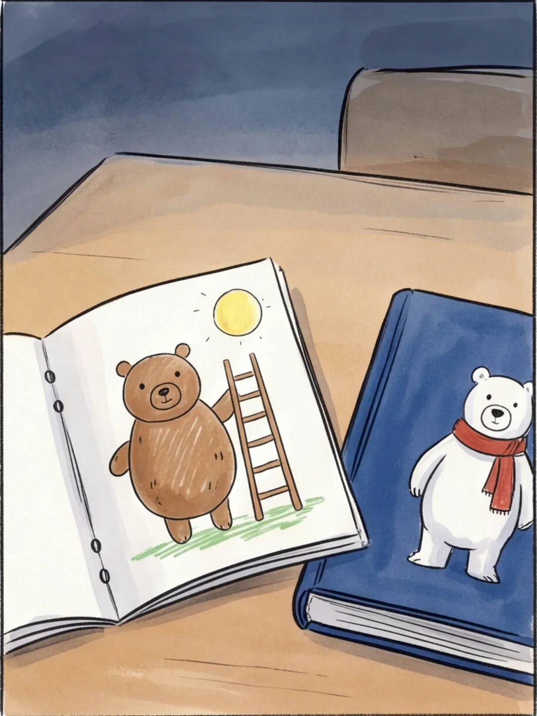 Ein selbst gemaltes Heft mit einem runden braunen Kartoffelbär liegt neben dem echten Buch
