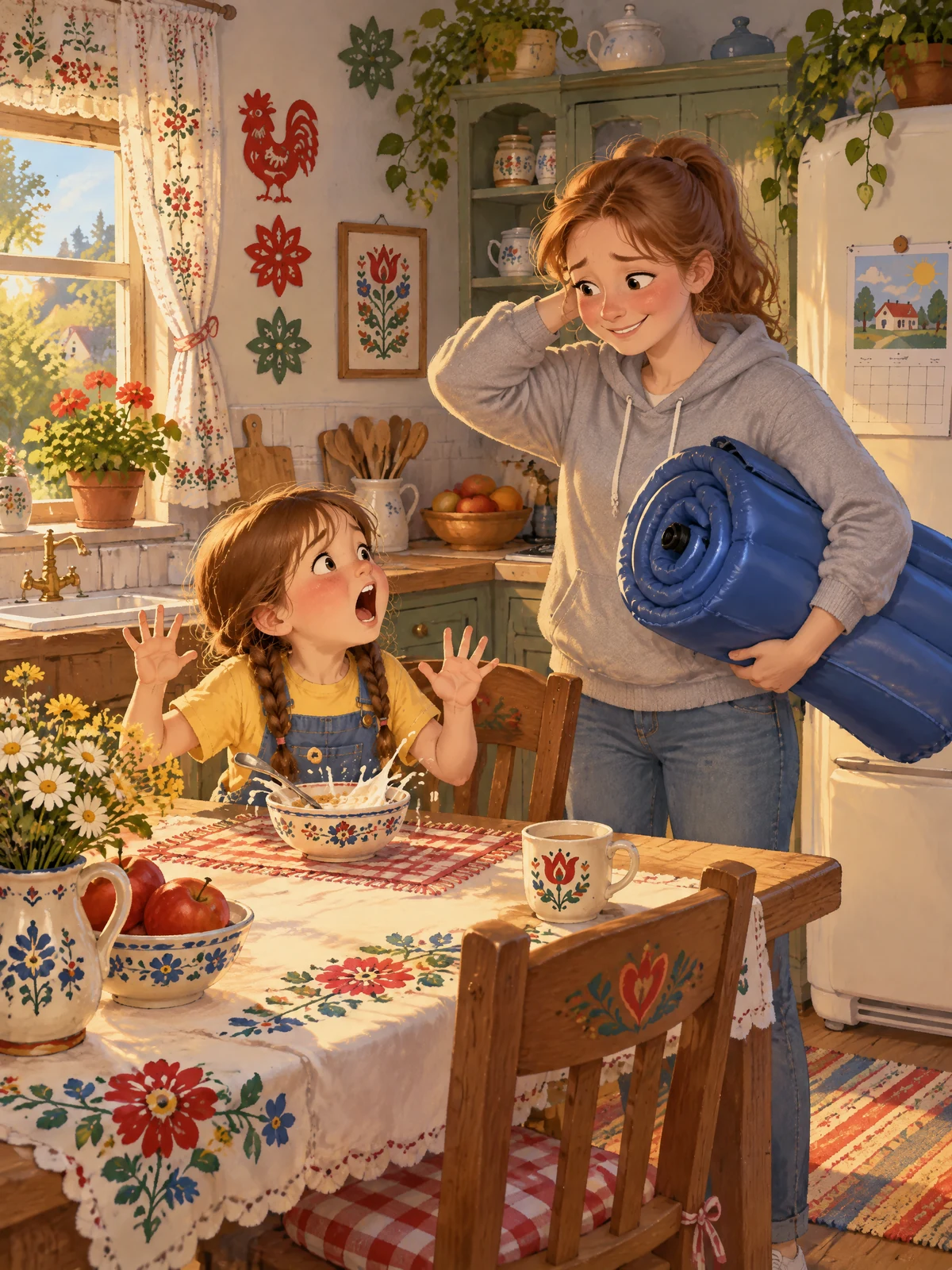 Zoe lässt am Küchentisch empört den Löffel fallen, Mama hält eine Luftmatratze