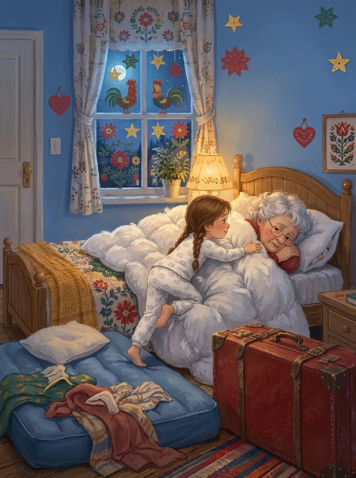 Der gepackte Koffer steht an der Tür, Zoe klettert zu Babcia ins Bett