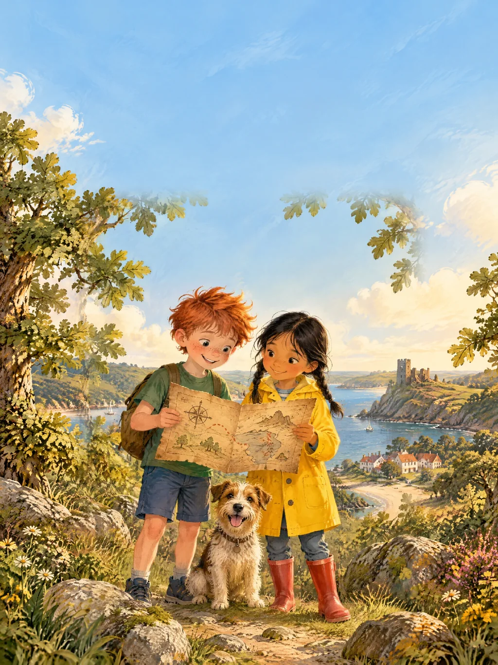 Ben mit roten Haaren und Lea im gelben Regenmantel halten eine alte Schatzkarte, zwischen ihnen sitzt ein kleiner Hund