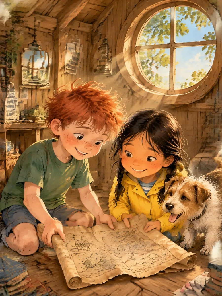 Im Baumhaus knien Ben und Lea vor einer alten Schatzkarte, der Terrier Krümel wedelt mit dem Schwanz