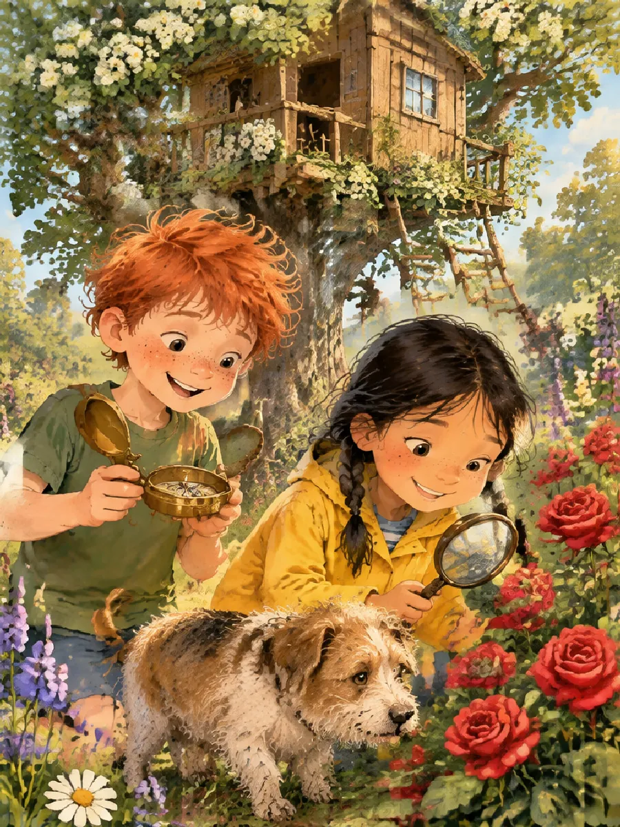 Ben schaut auf seinen Kompass, Lea zeigt durch eine Lupe, Krümel schnuppert an einem Rosenbusch