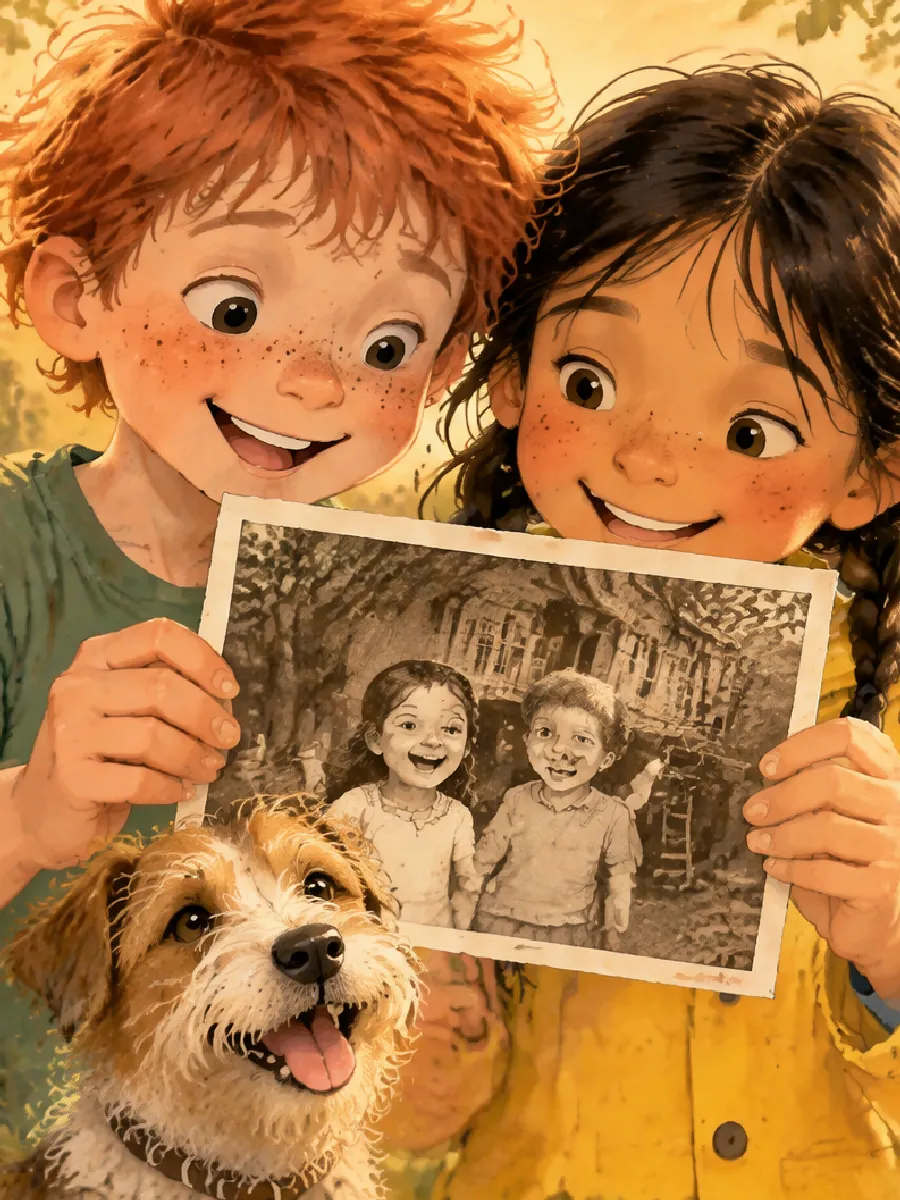 Ben und Lea halten ein altes Foto hoch, auf dem zwei lachende Kinder vor dem Baumhaus stehen