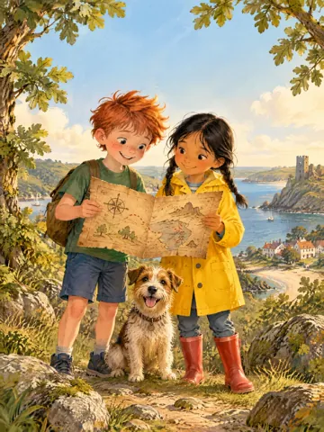 Ben mit roten Haaren und Lea im gelben Regenmantel halten eine alte Schatzkarte, zwischen ihnen sitzt ein kleiner Hund