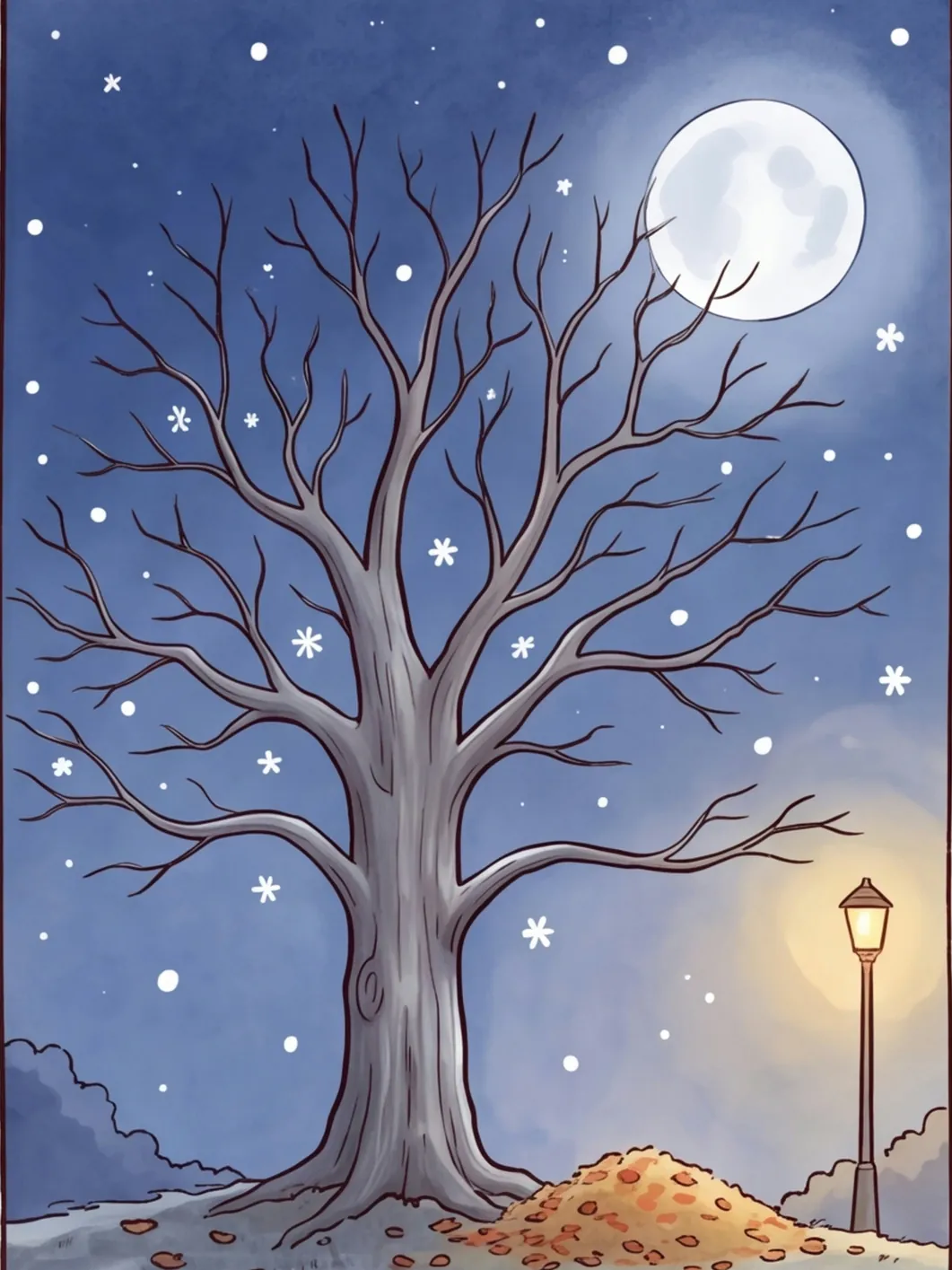 Der kahle Ahorn bei Vollmond, die ersten Schneeflocken fallen auf das Laub