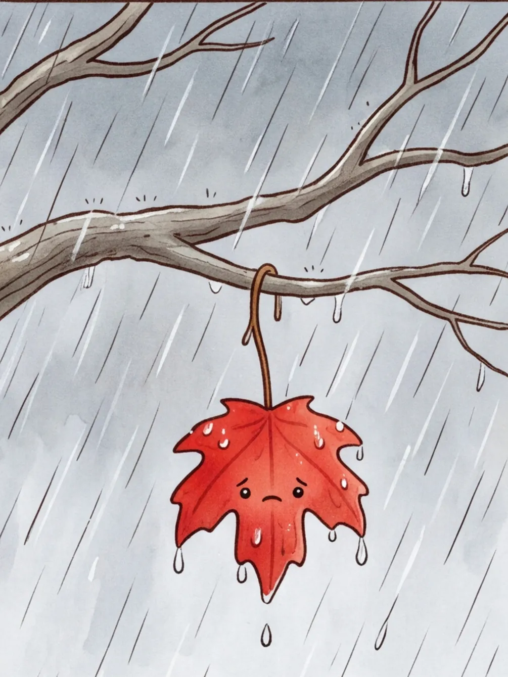 Zipfel hängt schwer und nass im Regen an seinem dünnen Stiel