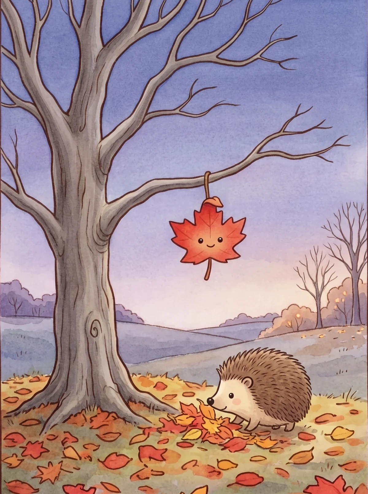 Ein kleiner Igel schiebt unter dem Baum Blätter zusammen
