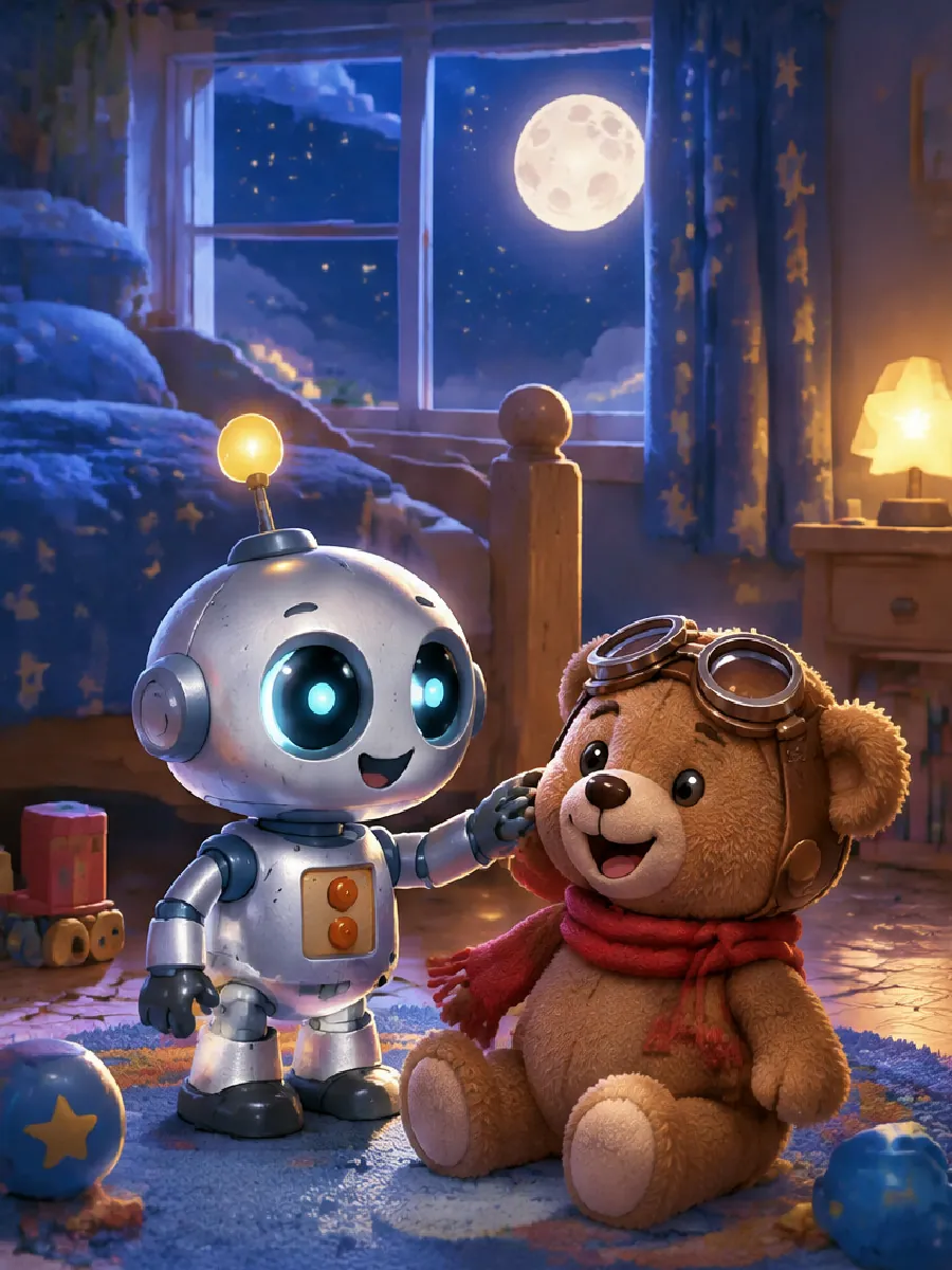 Nachts im Kinderzimmer weckt der kleine Roboter Bolt mit leuchtenden Augen den schlafenden Teddy