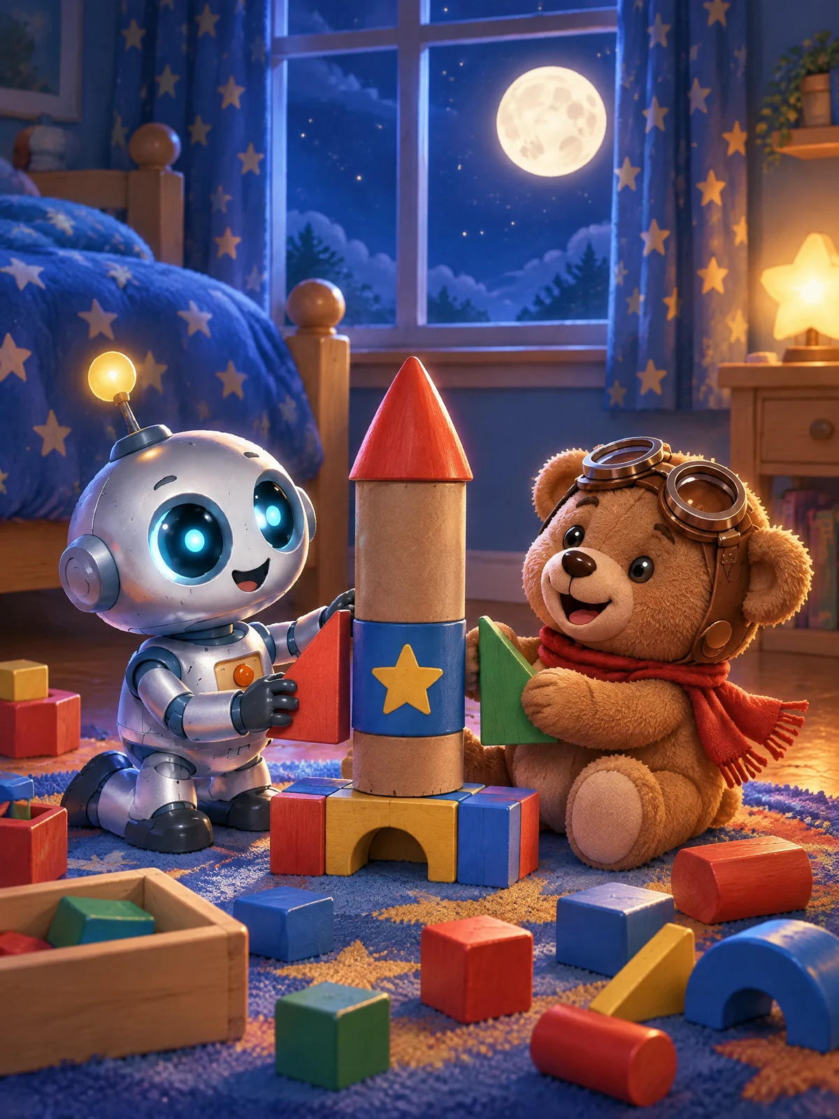 Bolt und Teddy bauen auf dem Teppich eine Rakete aus bunten Holzklötzen und einer Papprolle