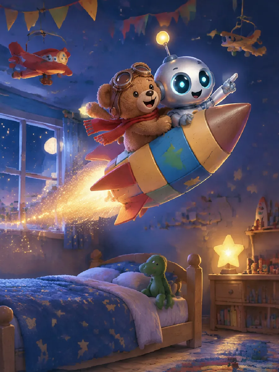 Die Rakete fliegt durchs Kinderzimmer an Wimpeln und Spielzeugflugzeugen vorbei