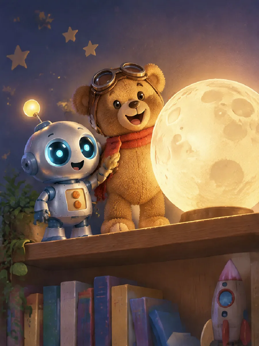Bolt und Teddy stehen oben auf dem Bücherregal neben der großen, warm leuchtenden Mondlampe