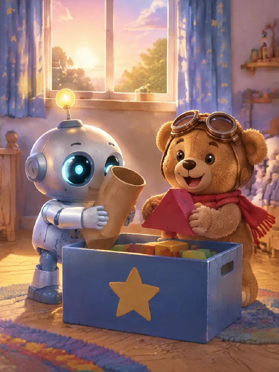 Im rosa Morgenlicht räumen Bolt und Teddy die Bauklötze zurück in die Spielkiste