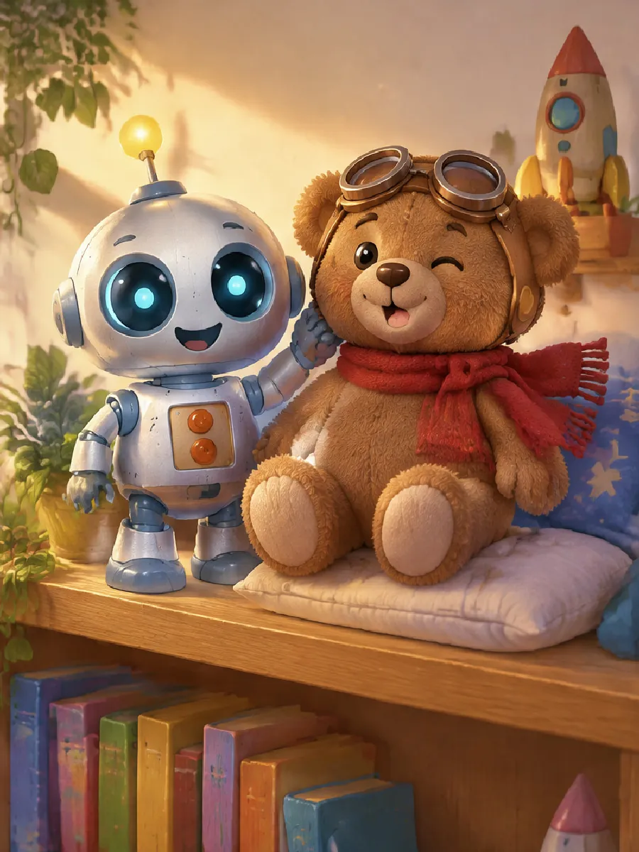Bolt steht still im Regal, Teddy sitzt in den Kissen und zwinkert heimlich