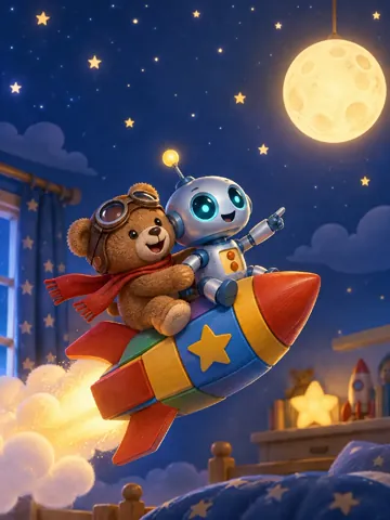 Spielzeugroboter Bolt und Teddy mit Fliegerbrille sitzen auf einer Rakete aus Bauklötzen und fliegen zur leuchtenden Mondlampe