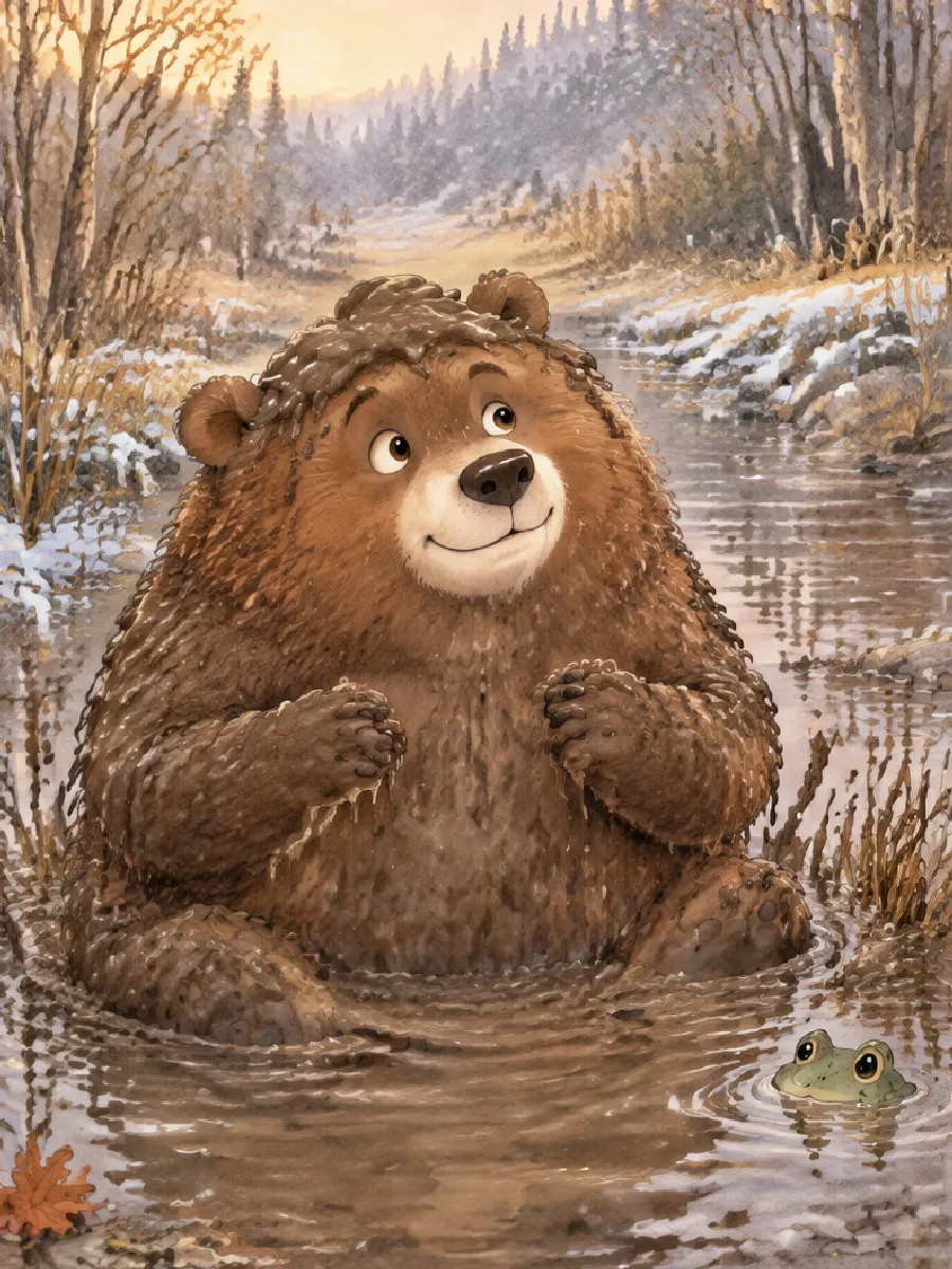 Brumm sitzt von Kopf bis Fuß voller Schlamm am Teich, neben ihm guckt ein Frosch aus dem Matsch
