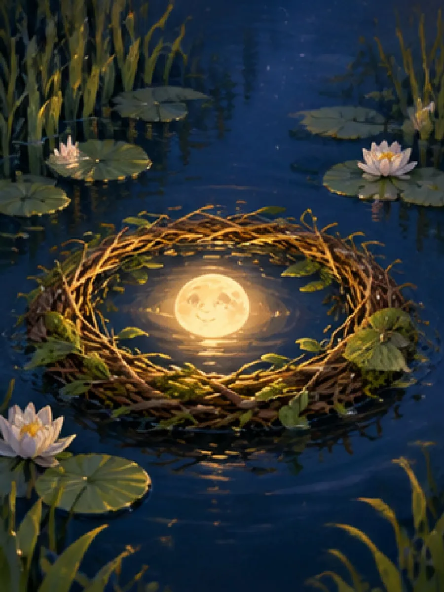 Ein kleiner Ring aus Weidenzweigen auf dunklem Wasser, darin spiegelt sich ein kleiner Mond