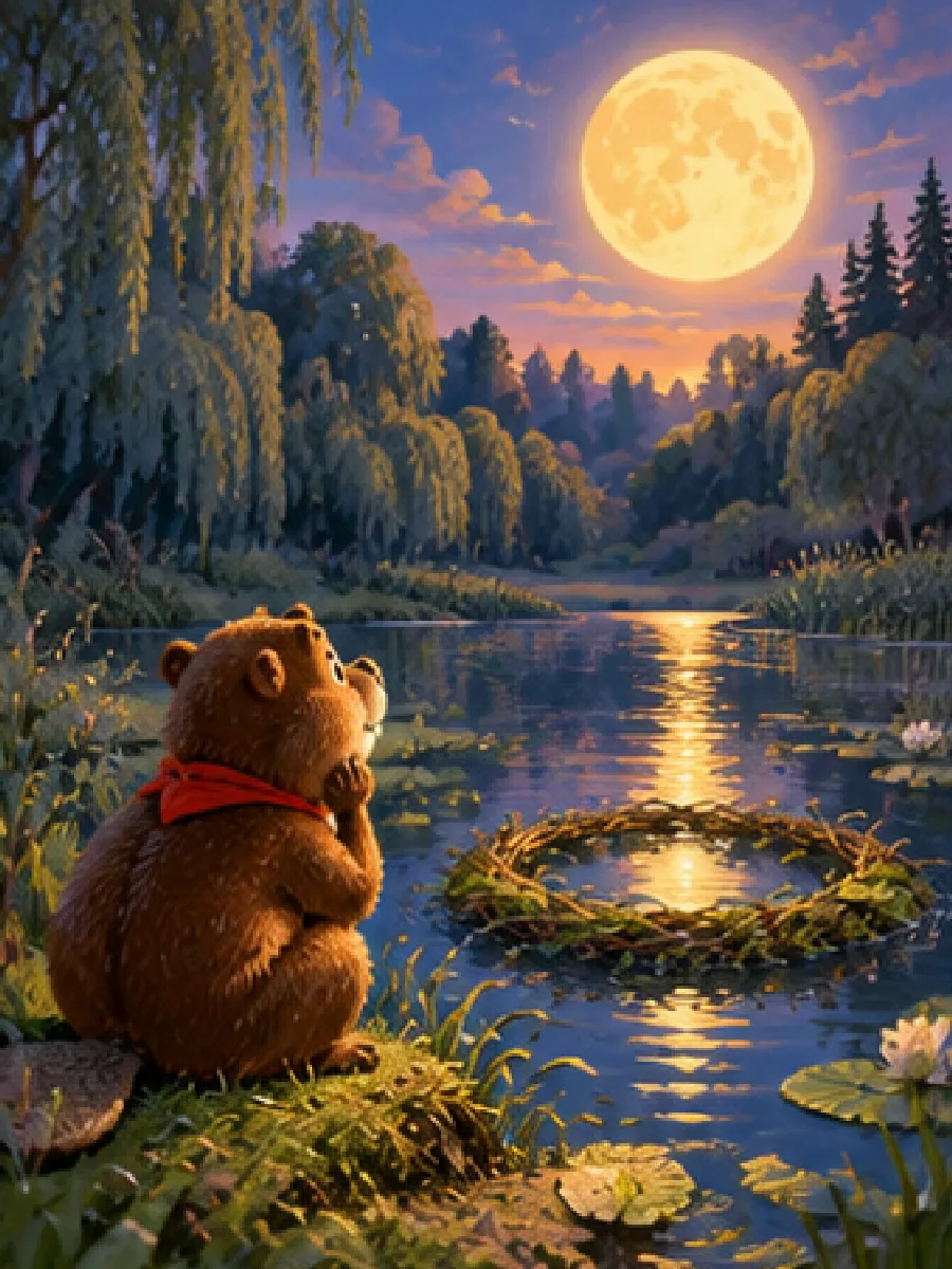 Bruno sitzt traurig am Ufer, über den Weiden geht ein großer goldener Mond auf