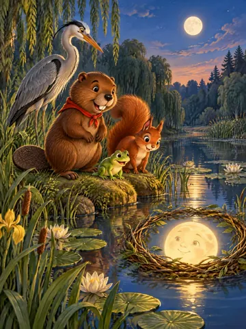 Biber Bruno mit rotem Halstuch steht am Teich und schaut auf den Vollmond, der sich in einem Bett aus Weidenzweigen auf dem Wasser spiegelt