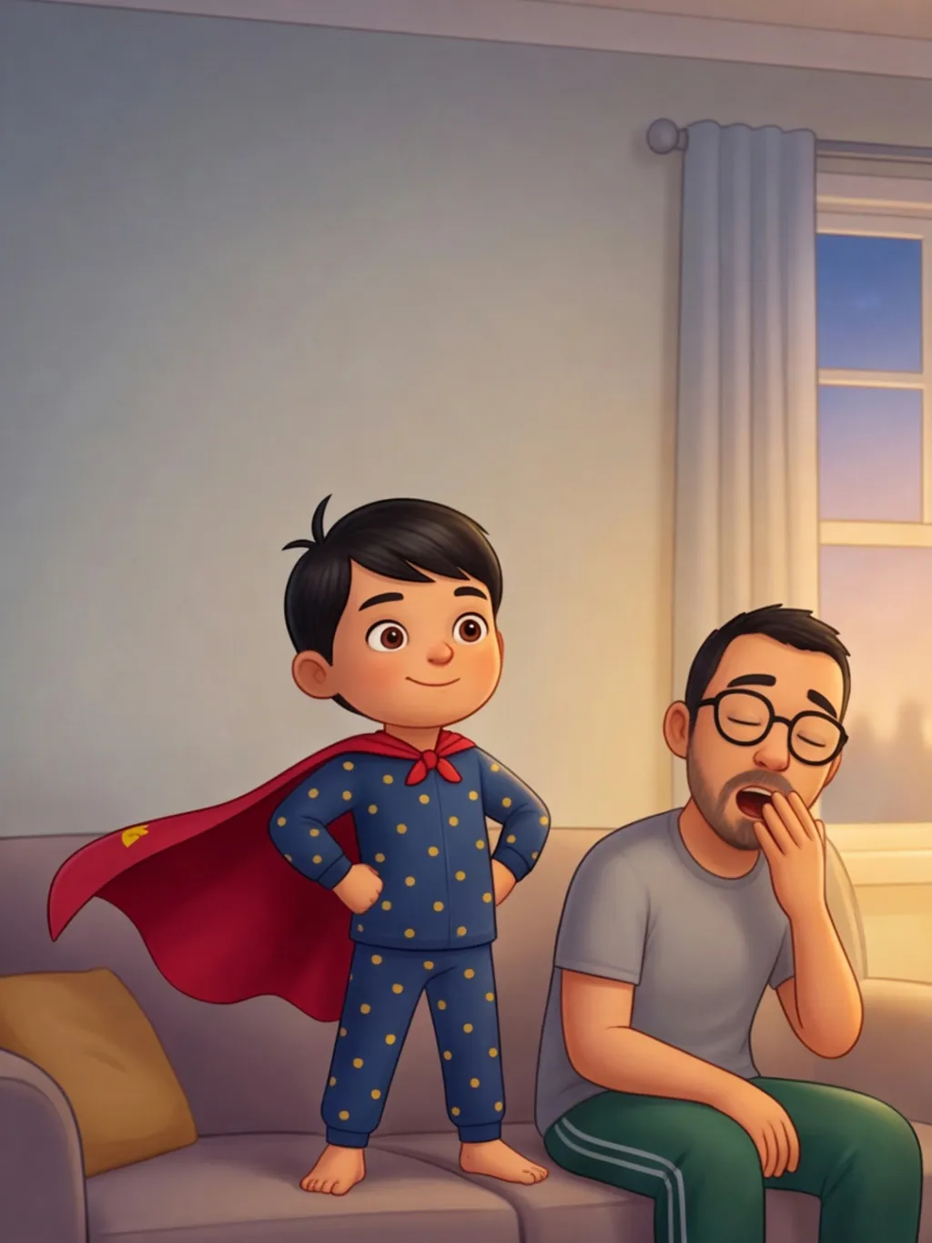 Super-Karl im roten Umhang steht stolz auf dem Sofa, Papa sitzt gähnend daneben