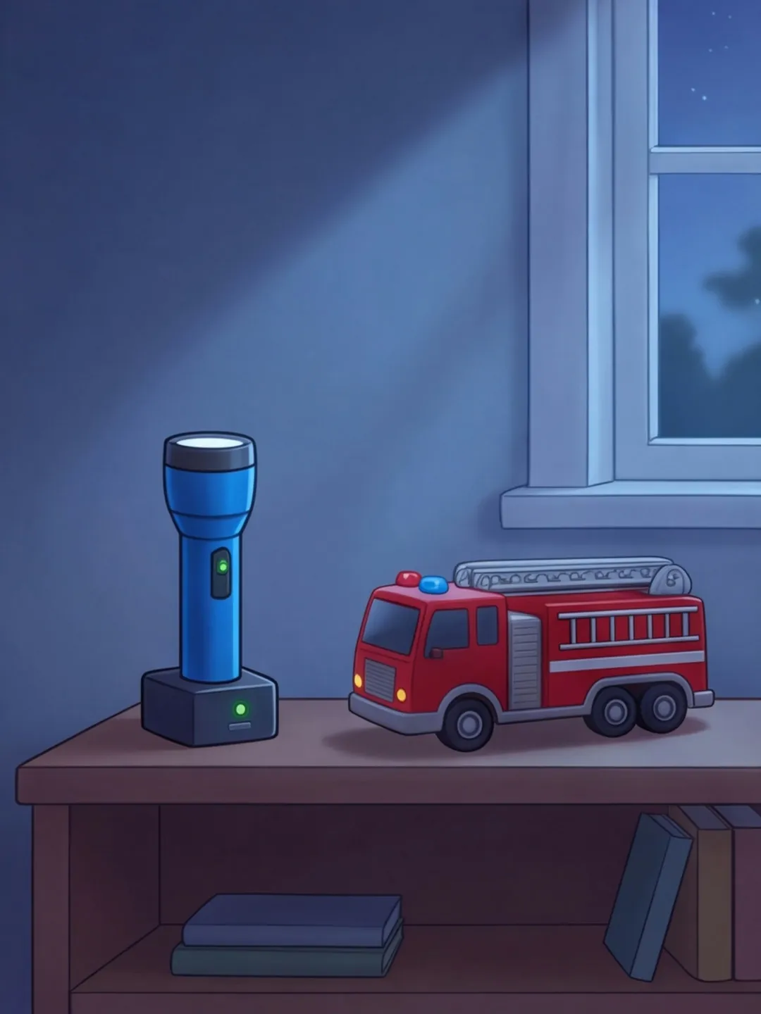Die Taschenlampe in der Ladestation und das Feuerwehrauto auf dem Regal bei Nacht