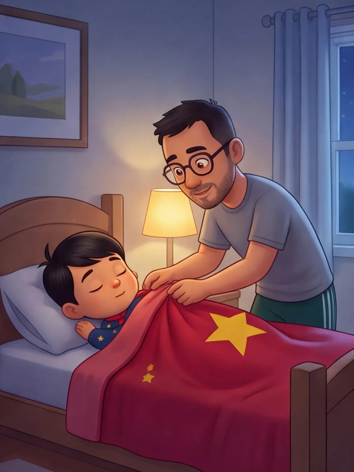 Papa breitet den roten Umhang wie eine Decke über Karl