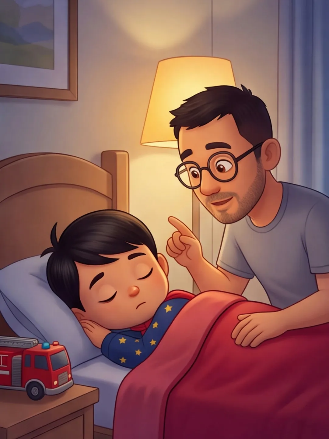 Papa sitzt an Karls Bett, auf dem Nachttisch steht das Feuerwehrauto