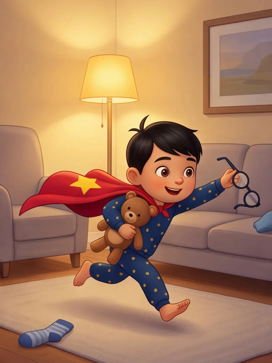 Super-Karl flitzt mit Teddy und Papas Brille durchs Wohnzimmer