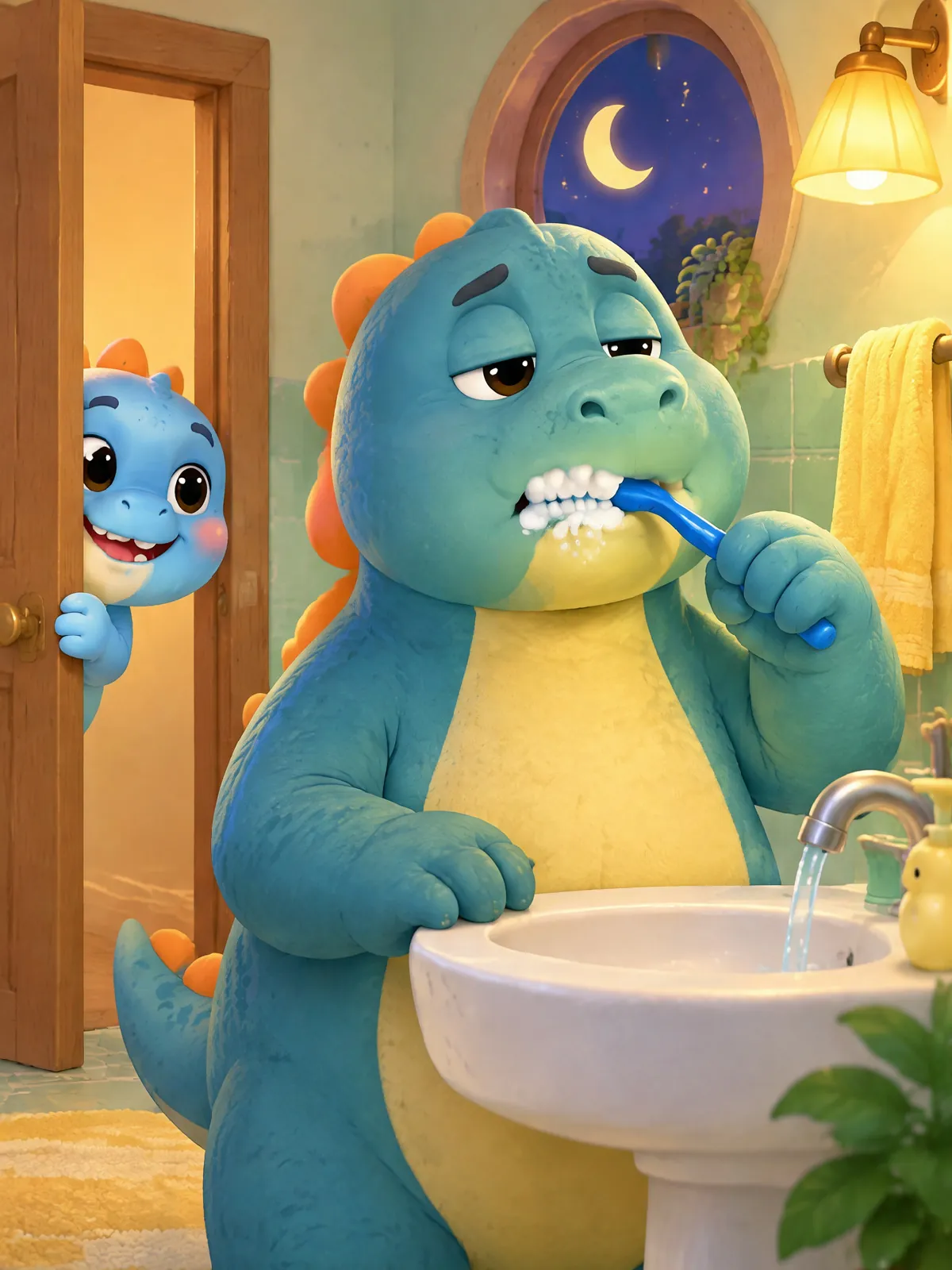 Papa Dino putzt sich im Bad gelangweilt die Zähne, Dodo guckt neugierig um die Tür