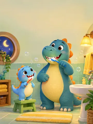 Der kleine blaue Dino Dodo steht mit roter Zahnbürste auf seinem Hocker und grinst, Papa Dino putzt lachend neben ihm