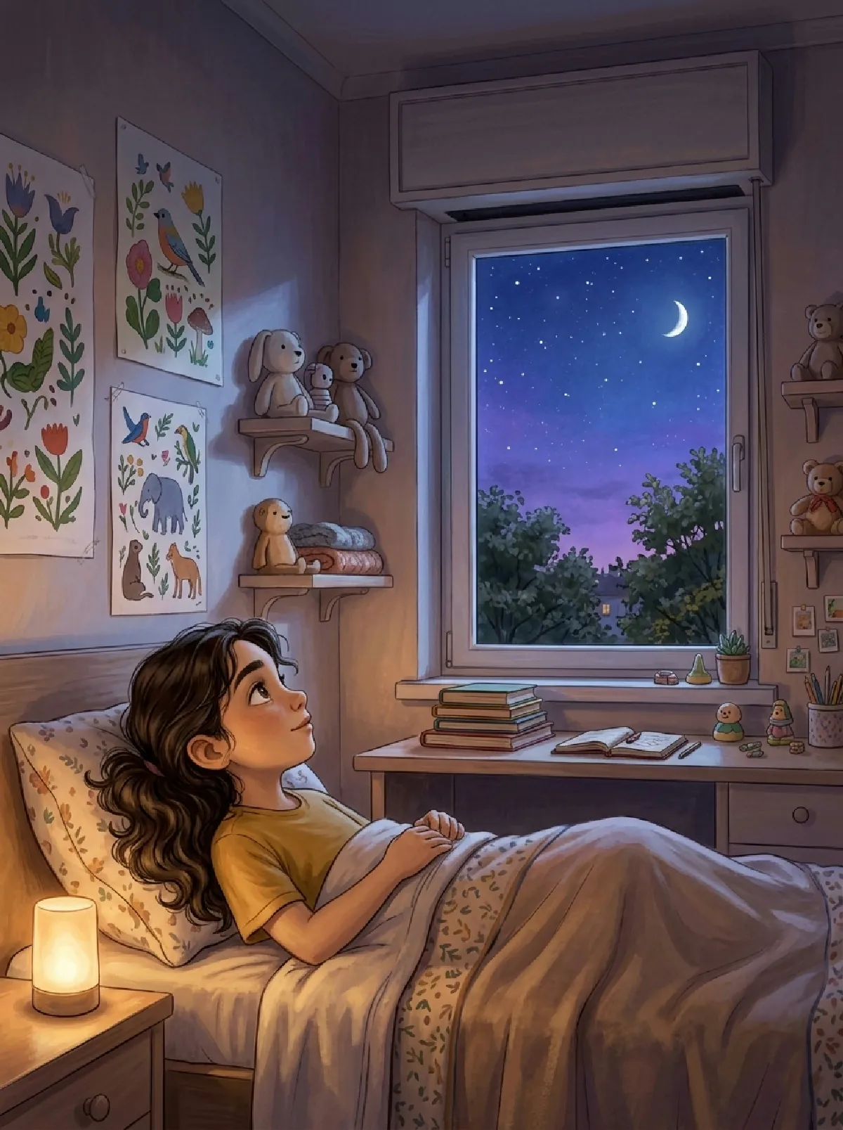 Elif liegt nachts wach im Bett und schaut zum Rollladenkasten über dem Fenster