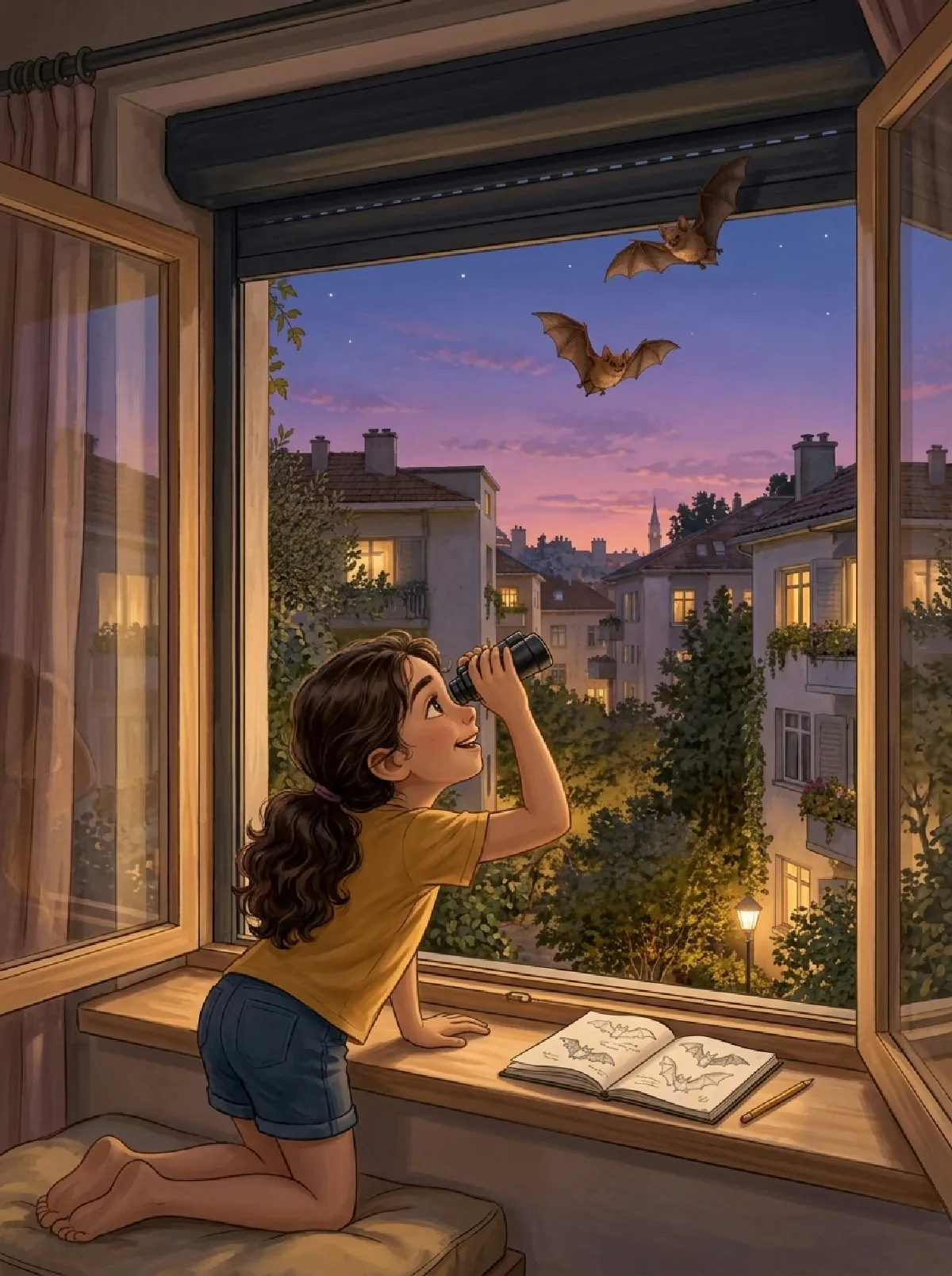 Elif kniet in der Dämmerung am offenen Fenster mit Fernglas, aus dem Spalt fliegen kleine Fledermäuse